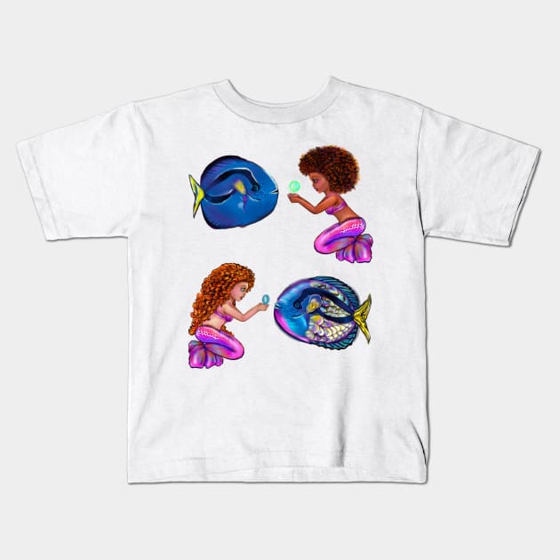 Best fishing gifts for fish lovers 2022. anime mermaid with blue tang fish and bubbles. Pretty black  and white girls with Afro hair, green eyes, Cherry pink lips and dark brown skin. Hair love ! Kids T-Shirt by Artonmytee